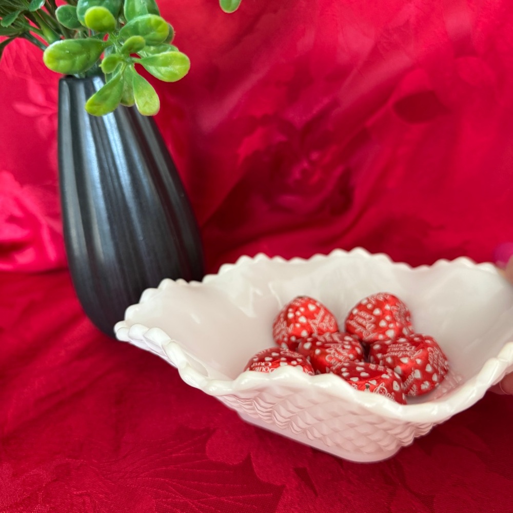 Milk Glass White Hobnail Candy Dish Condiment Bowl Scalloped Edge